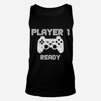 Mens Player 1 Ready Gamer Husband Shirt Gaming Gift For New Dad Unisex Tank Top | Crazezy