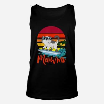 Meowmi Beach Surfing Cat Retro Sunset Ocean Coast Kitten Unisex Tank Top | Crazezy