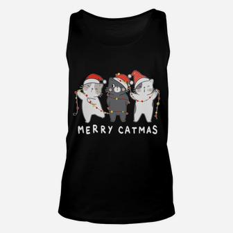 Merry Catmas Meowy Cutes Three Cat Santa Hat Christmas Sweatshirt Unisex Tank Top | Crazezy UK