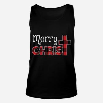 Merry Christmas Shirt Christians Gifts Buffalo Plaid Pajamas Unisex Tank Top | Crazezy