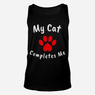 My Cat Completes Me Valentine Heart Paw Print Unisex Tank Top - Monsterry