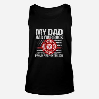 My Dad Has Your Back Firefighter Flag Family Son Gift Idea Unisex Tank Top | Crazezy UK