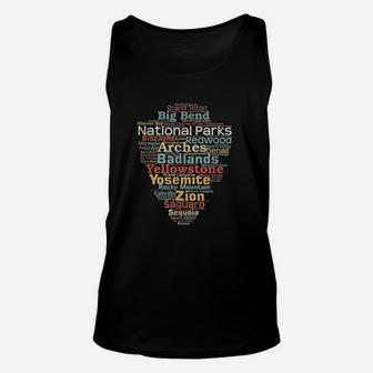 National Parks List Word Cloud Camping Hiking Unisex Tank Top | Crazezy