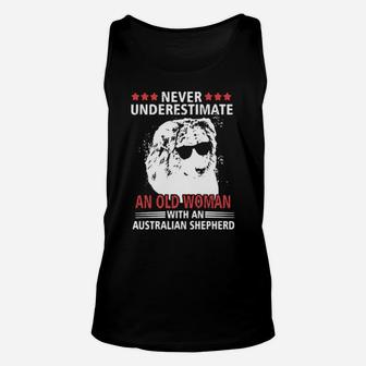 Never Underestimate An Old Woman With An Australian Shepherd Unisex Tank Top - Monsterry DE