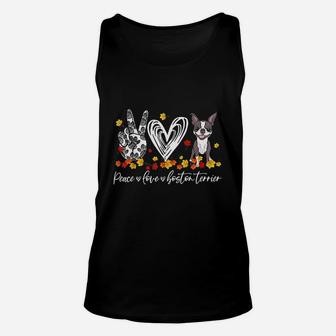 Peace Loves Boston Terrier Autumn Leaves Thanksgiving Gifts Unisex Tank Top | Crazezy