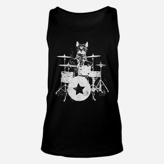 Punk Rockstar Kitten Kitty Cat Drummer Playing Drums Graphic Unisex Tank Top | Crazezy DE