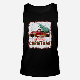 Red Buffalo Plaid Truck Merry Christmas Tree Bleached Print Unisex Tank Top | Crazezy DE