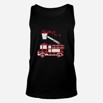 Red Plaid Fire Truck Funny Fireman Valentines Day Gift Unisex Tank Top | Crazezy