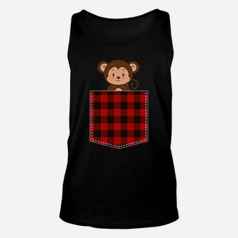 Red Plaid Monkey In Pocket Buffalo Family Pajama Christmas Unisex Tank Top | Crazezy