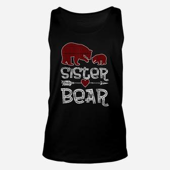 Red Plaid Sister Bear Christmas Pajama Matching Family Unisex Tank Top | Crazezy