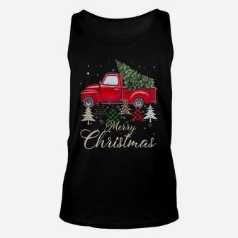 Red Truck With Buffalo Plaid And Leopard Christmas Tree Unisex Tank Top | Crazezy