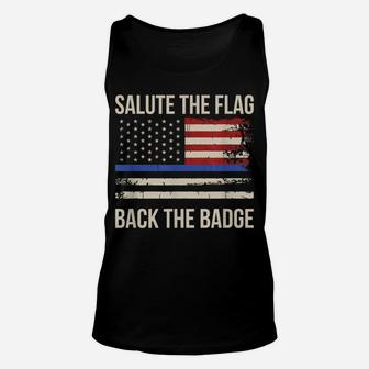 Salute The Flag Back The Badge Thin Blue Line Distressed Unisex Tank Top | Crazezy