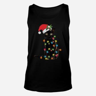 Santa Black Cat Wrapped Up In Christmas Tree Lights Holiday Unisex Tank Top | Crazezy