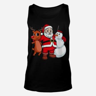 Santa Claus Hugging Snowman And Reindeer Unisex Tank Top - Monsterry