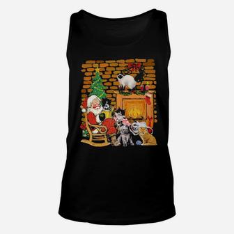 Santa Claus Sitting With His Cats At Home Unisex Tank Top - Monsterry