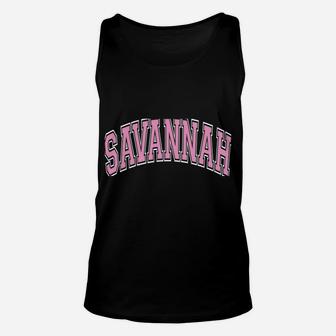 Savannah Georgia Ga Varsity Style Pink Text Unisex Tank Top | Crazezy