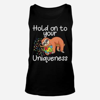 Sloth Holding Puzzle Piece Heart Cute Sloth Autism Awareness Unisex Tank Top | Crazezy CA