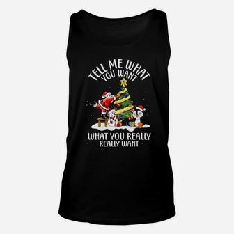 Snowman And Santa Penguin Tell Me What You Want Unisex Tank Top - Monsterry