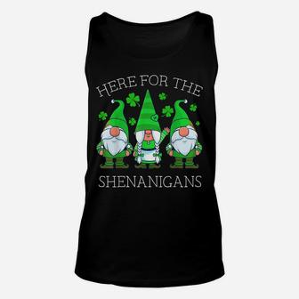 St Patricks Day Gnome Shamrock Here For The Shenanigans Gift Unisex Tank Top | Crazezy