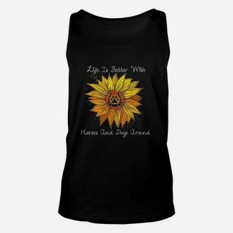 Sunflower Life Is Better With Horses And Dogs Around Unisex Tank Top | Crazezy AU