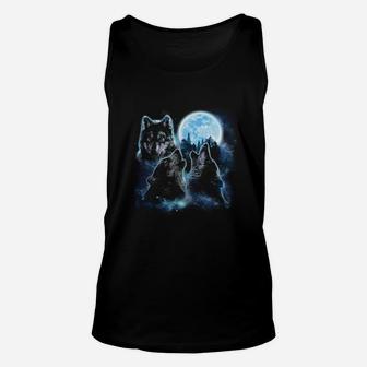 T-shirt Three Wolves Howling Under Icy Full Moon, Gray Wolf Unisex Tank Top - Thegiftio UK