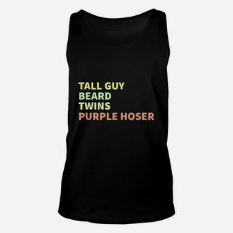 Tall Guy Beard Twins Purple Hoser Unisex Tank Top | Crazezy
