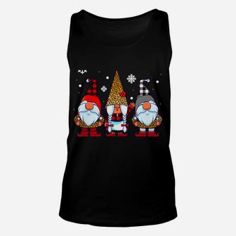 Three Gnomes In Leopard Print Buffalo Plaid Christmas Xmas Unisex Tank Top | Crazezy