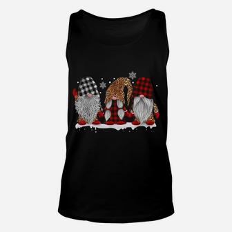 Three Gnomes In Leopard Printed Buffalo Plaid Christmas Gift Unisex Tank Top | Crazezy