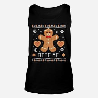 Ugly Christmas Sweater Bite Me Gingerbread Man Sweatshirt Unisex Tank Top | Crazezy