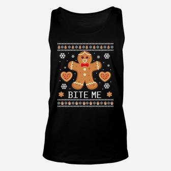 Ugly Christmas Sweater Bite Me Gingerbread Man Unisex Tank Top | Crazezy