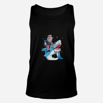 Uncle Sam Riding Shark 4Th Of July American Flag Unisex Tank Top - Monsterry