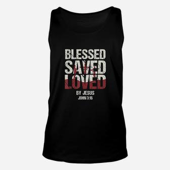Verse Blessed Saved Loved By Jesus John Unisex Tank Top | Crazezy AU