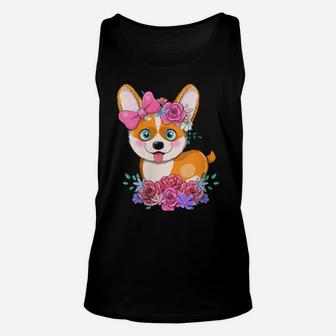 Vintage Cute Corgi Valentines Day Flowers Unisex Tank Top - Monsterry