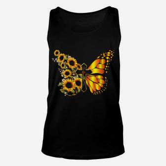 Vintage Faith Cross Sunflower Butterfly Christian Unisex Tank Top - Monsterry