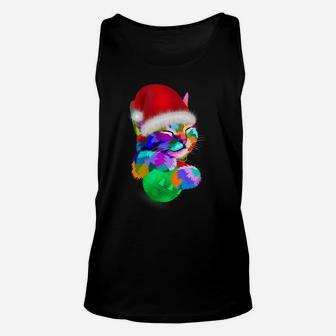 Womens Cute Cat Colorful Funny Santa Hat Christmas Ball Costume Unisex Tank Top | Crazezy DE