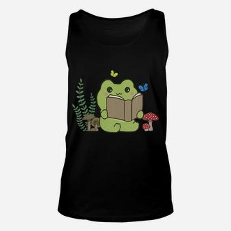 Womens Cute Frog Reading A Book On Mushroom Cottagecore Aesthetic Unisex Tank Top | Crazezy