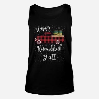 Womens Funny Buffalo Plaid Happy Hanukkah Y'all Red Truck Gift Unisex Tank Top | Crazezy CA