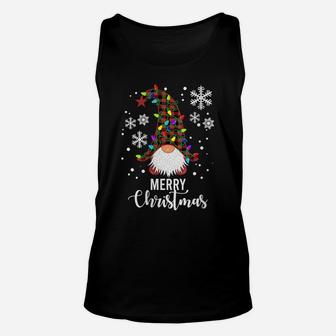 Womens Merry Christmas Gnomes Buffalo Plaid Snowflakes Santa Lights Unisex Tank Top | Crazezy