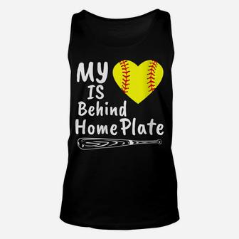 Womens My Heart Is Behind Home Plate Softball Proud Mom Dad Gift Unisex Tank Top | Crazezy