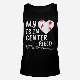 Womens My Heart Is In Center Field Baseball Bat Proud Mom Dad Gift Unisex Tank Top | Crazezy