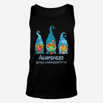 Womens Three Blue Gnomes Autism Awareness Puzzle Chemical Element Unisex Tank Top | Crazezy AU