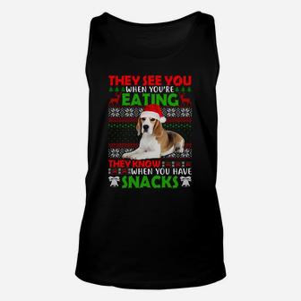 Xmas Beagle Hat Santa They See You When You're Eating Ugly Unisex Tank Top | Crazezy UK
