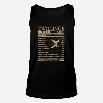 Zwillinge Fakten Unisex TankTop in Schwarz mit Goldschrift, lustiges Zwillingsshirt - Seseable