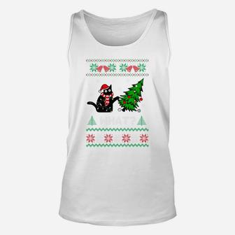 Black Cat Pushing Christmas Tree Over Cat What Ugly Sweater Unisex Tank Top | Crazezy UK