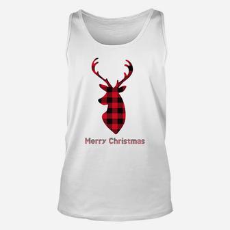 Buffalo Plaid Reindeer Christmas Tee Santa Hat Merry Xmas Unisex Tank Top | Crazezy