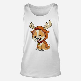 Corgi Puppy Dog Dressed As Reindeer Dogs Xmas Sweatshirt Unisex Tank Top | Crazezy