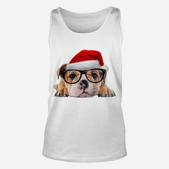 English Bulldog Puppy Glasses Dog Santa Hat Christmas Gift Sweatshirt Unisex Tank Top | Crazezy