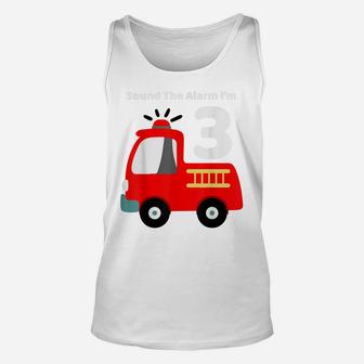 Fire Fighter Truck 3 Year Old Birthday Shirt | 3Th Bday Unisex Tank Top | Crazezy
