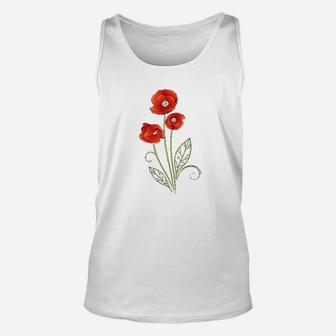 Floral Red Poppies Flower With Leaves Unisex Tank Top | Crazezy