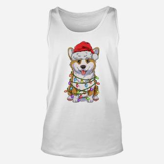 Funny Corgi Christmas Tree Lights Gift Santa Hat Dog Lover Sweatshirt Unisex Tank Top | Crazezy